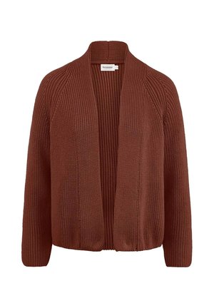 Cardigan lavorato a maglia color ruggine con apertura frontale, texture a costine e maniche lunghe. Presenta una vestibilità comoda e nessuna chiusura.