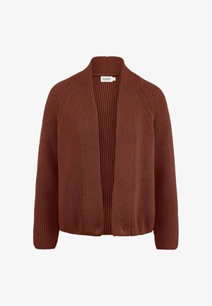 Cardigan lavorato a maglia color ruggine con apertura frontale, texture a costine e maniche lunghe. Presenta una vestibilità comoda e nessuna chiusura.