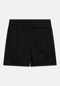Black mesh athletic shorts with elastic waistband, featuring a breathable texture and simple design, suitable for sports or casual wear.