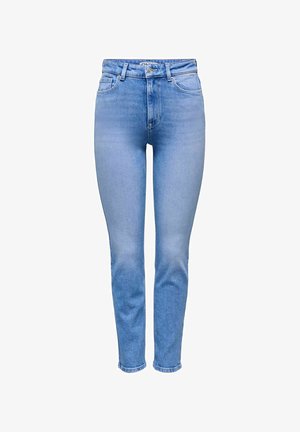 Lyseblå højtaljede slim-fit jeans med forreste knap, lynlås og fem-lomme design mod en hvid baggrund.