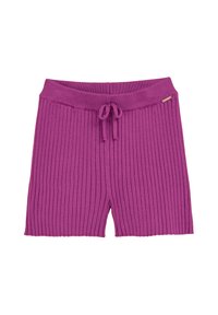 Ribbed knit shorts in a vibrant purple. Features an elastic waistband with drawstring and a small metallic accent on the side.