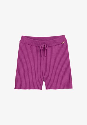 Shorts de punto acanalado en un vibrante color púrpura. Presentan una cinturilla elástica con cordón y un pequeño acento metálico en el lateral.