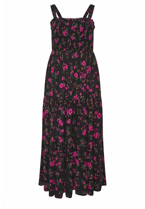 Musta hihaton maksimekko, jossa on vaaleanpunainen kukkakuosi, shirrettu yläosa ja leveät olkaimet.