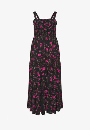 Schwarzes ärmelloses Maxikleid mit pinkem Blumenmuster, gerafftem Oberteil und breiten Trägern.