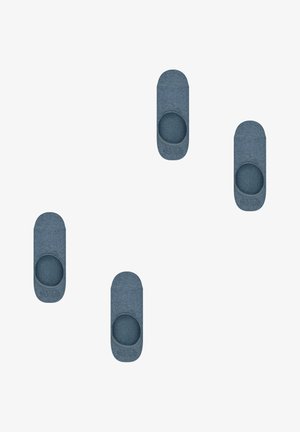 Grijs-blauwe stoffen schoenhoezen met afgeronde randen en open teenontwerp, met een gestructureerd oppervlak. Vier items weergegeven op een witte achtergrond.