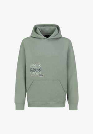 Grüne Baumwollkapuzenpullover mit einer vorderen Kängurutasche, gerippten Bündchen und einem grafischen Druck mit der Aufschrift "GUTE-STIMMUNG-TAGE" auf der linken Seite.