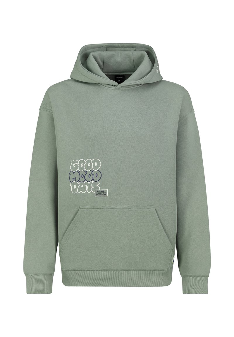 Grüne Baumwollkapuzenpullover mit einer vorderen Kängurutasche, gerippten Bündchen und einem grafischen Druck mit der Aufschrift "GUTE-STIMMUNG-TAGE" auf der linken Seite.