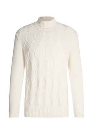 Sweter w kolorze kremowym, wykonany w technice warkoczowej, z długimi rękawami oraz prążkowanym kołnierzem, mankietami i dolnym brzegiem.