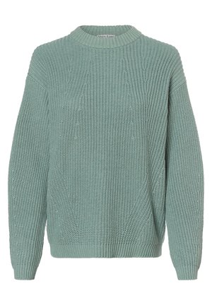 Maglione verde chiaro lavorato a maglia con scollo rotondo, maniche lunghe e polsini e orlo a coste.
