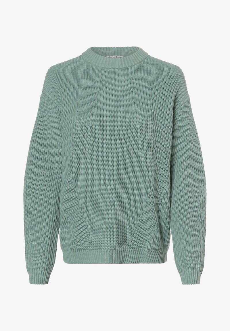 Pull vert clair en maille, col rond, manches longues avec poignets et ourlet côtelés.