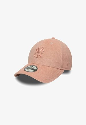 Hellrosa Baseballcap aus strukturiertem Stoff, mit gebogenem Schirm, gesticktem NY-Logo und verstellbarem Riemen hinten.