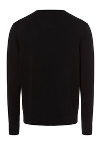 Schwarzer Pullover mit langen Ärmeln, gerippten Bündchen und Saum. Weiche Stricktextur, runder Halsausschnitt und keine sichtbaren Muster oder Akzente.