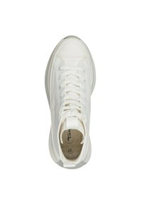 White sneaker with a smooth leather and fabric upper, round toe, flat laces, padded collar, and a textured sole. Size 37 printed inside.
