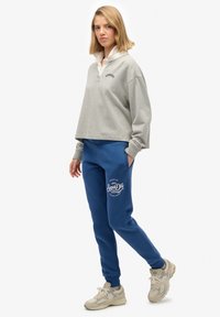 Szary krótki sweatshirt z kołnierzykiem, niebieskie dresy z logo oraz beżowe sneakersy. Materiał wydaje się miękki i ma luźny krój.