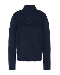 Marineblauer Pullover mit hohem Kragen, der einen strukturierten oberen Bereich sowie gerippte Bündchen und Saum aufweist. Aus glattem Strickmaterial gefertigt.