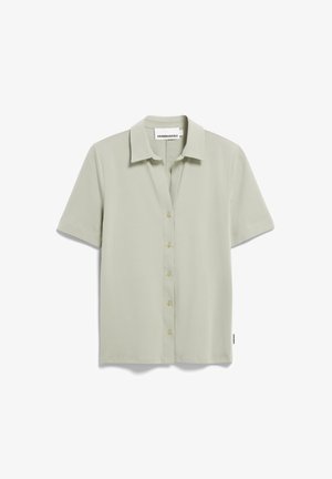 Kurzärmliges, kragenförmiges Hemd aus hellgrünem Stoff. Verfügt über eine knöpfbare Vorderseite mit goldenen Knöpfen und einem geraden Schnitt. Weiche Textur.