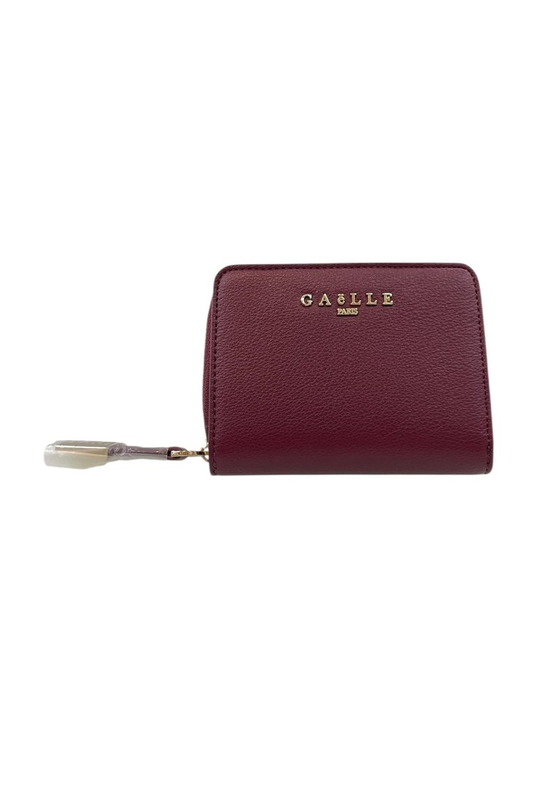 Portafoglio in pelle bordeaux con zip giro grande logo GAËLLE Paris e un pendente zip avvolto su sfondo bianco.
