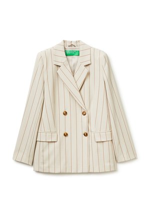 Beżowa marynarka dwurzędowa z cienkimi pionowymi brązowymi paskami, czterema brązowymi guzikami, szerokimi klapami i dwoma kieszeniami z patką.