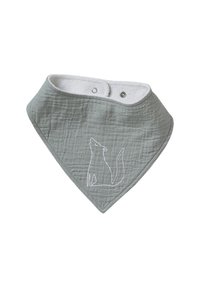 Soft gray baby bib with snap closures and white embroidered outline of a sitting fox on the front.