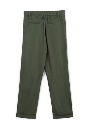 Olivgrüne, leichte Hose mit elastischem Bund, zwei Gesäßtaschen und umgeschlagenen Säumen für eine entspannte Passform. Weiche, glatte Textur.