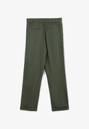 Olivgrüne, leichte Hose mit elastischem Bund, zwei Gesäßtaschen und umgeschlagenen Säumen für eine entspannte Passform. Weiche, glatte Textur.