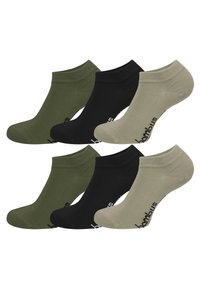 Set aus sechs Knöchelsocken in Schwarz, Olivgrün und Beige. Hergestellt aus weichem Material mit einem gerippten Bündchen und Logodetail an der Seite.