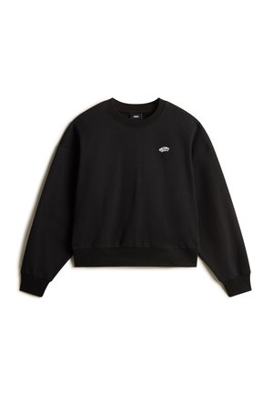 Černý zkrácený sweatshirt z měkké látky, s ribbovaným kulatým výstřihem a manžetami. Výrazný malý logo detail na hrudi.