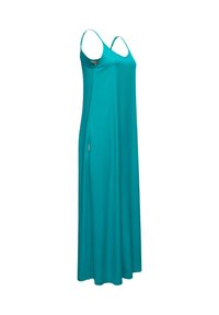 Vestido sin mangas en color verde azulado, confeccionado en una tela suave, que presenta un diseño fluido y un cierre lateral para facilitar su uso.