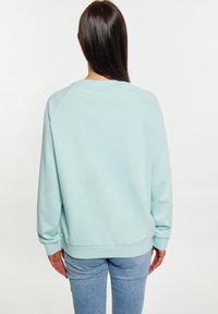 Felpa azzurra chiara con colletto a girocollo, polsini e fondo a coste. Texture morbida e maniche raglan. Indossata con jeans azzurri chiari.