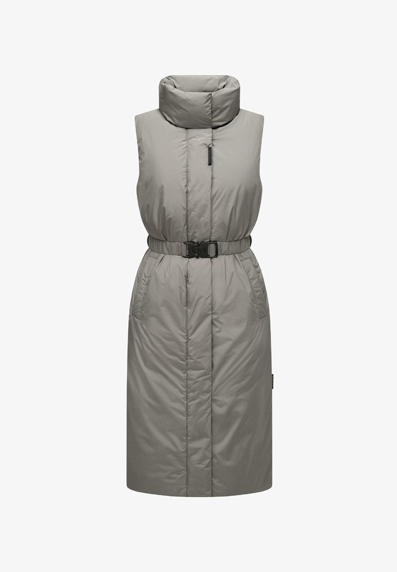 Gilet imbottito grigio chiaro, con colletto alto, vita con cintura e tasche laterali. Tessuto liscio con un design trapuntato.