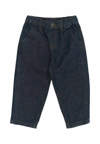 Pantaloni din denim albastru închis, cu talie elastică, buzunare frontale și detalii de cusătură vizibile. Design cu picior conic.