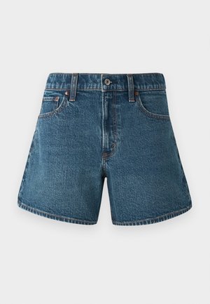 Denim shorts in a medium blue hue with a straight cut, traditional five-pocket design, and contrasting stitching along the edges.