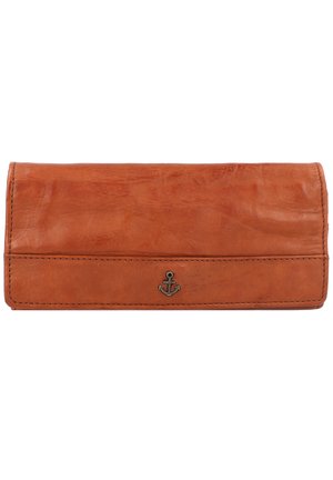 Braune Leder Geldbörse mit glatter Textur, Klappen-Design und einem metallenen Ankerdetails auf der Vorderseite. Die genähten Kanten runden das Design ab.