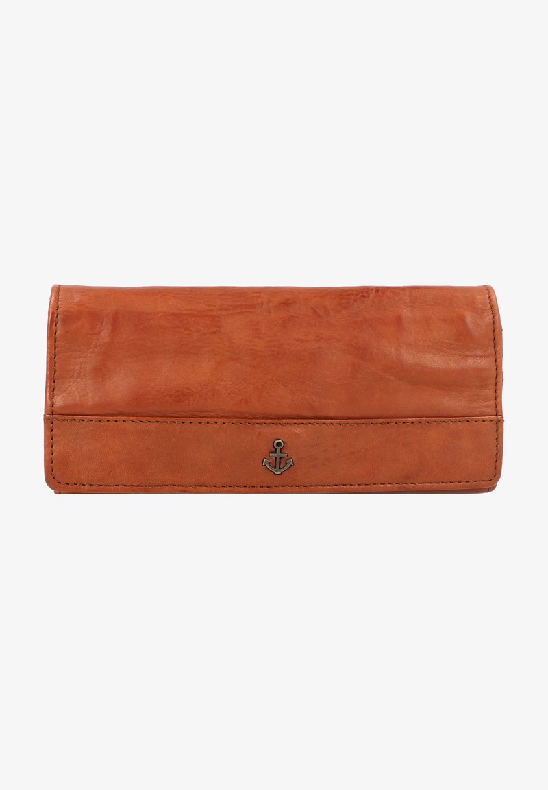 Portafoglio in pelle marrone con texture liscia, design pieghevole e un dettaglio ad ancora in metallo sulla parte anteriore. I bordi cuciti completano il design.