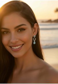 Türkizkék és ezüst fülbevalók kör alakú mintázattal és csepp alakú elemmel. A kövek sima textúrájúak, meleg háttér előtt helyezkednek el.