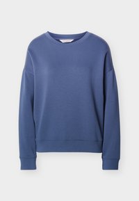 Μπλε φούτερ με μακριά μανίκια, λαιμόκοψη τύπου crew και ριμπ μανσέτες και τελείωμα, εμφανίζεται σε απλό ανοιχτό γκρι φόντο.