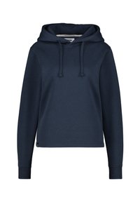 Felpa blu navy realizzata in morbido cotone misto, dotata di cappuccio, cordini regolabili e polsini e orlo a costine. Design semplice e privo di decorazioni.