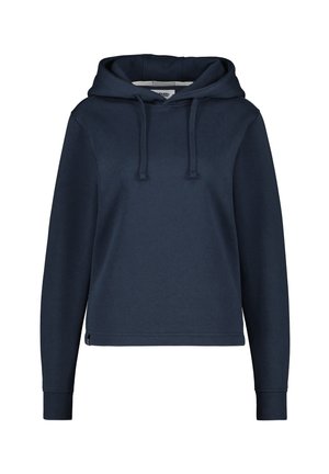 Sweat à capuche bleu marine en mélange de coton doux, avec une capuche, des cordons de serrage réglables et des poignets et un ourlet côtelés. Design simple et sans embellissements.
