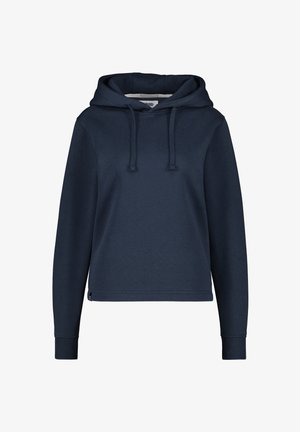 Felpa blu navy realizzata in morbido cotone misto, dotata di cappuccio, cordini regolabili e polsini e orlo a costine. Design semplice e privo di decorazioni.