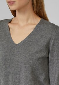 Gray V-neck sweater, knit fabric, fitted design, smooth texture, long sleeves, subtle sheen, with a clean, minimalistic appearance.