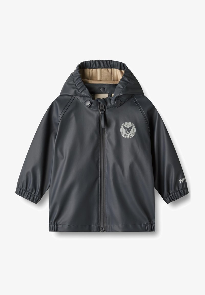 Dark gray waterproof jacket with a hood, featuring a zip closure and elastic cuffs. Includes a round logo on the chest and beige lining.