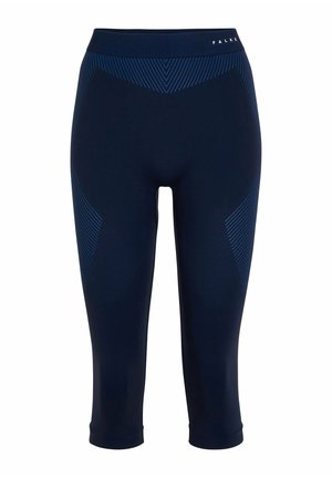 Granatowe legginsy capri z elastycznej tkaniny, ozdobione jasnoniebieskimi ukośnymi paskami, dopasowanym krojem i elastycznym paskiem w talii.