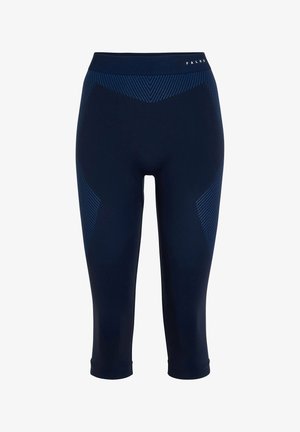 Granatowe legginsy capri z elastycznej tkaniny, ozdobione jasnoniebieskimi ukośnymi paskami, dopasowanym krojem i elastycznym paskiem w talii.