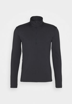 Sort langærmet pullover med høj krave og halv lynlås foran. Har glat, strækbart stof og diskrete skulderaccenter.