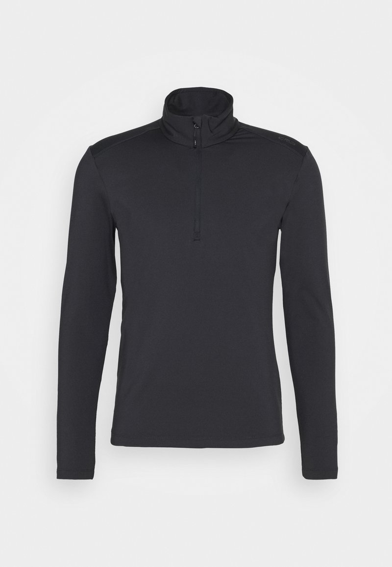 Schwarzer Langarmpullover mit Stehkragen und halbem Reißverschluss vorne. Eigenschaften sind das glatte, dehnbare Material und dezente Schulterakzente.