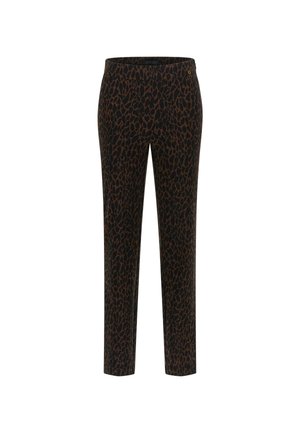 Crne hlače s uzorkom leopard tiska u nijansama smeđe, uskog kroja, elastičnim pojasom, glatke tkanine i ravnim nogavicama.