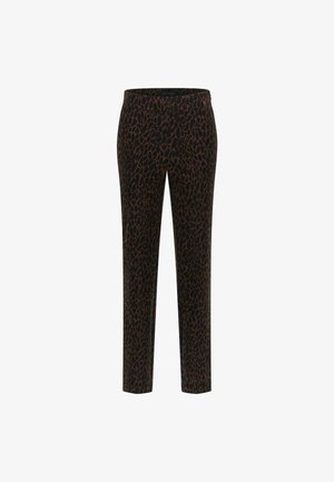 Black trousers with a leopard print pattern in shades of brown, slim-fit design, elastic waist, smooth fabric, and straight legs.