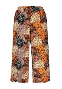 Patroon met wijde broekspijpen in een mix van aardetinten, waaronder oranje, bruin en crème, met een verscheidenheid aan vormen en bloemenprints.