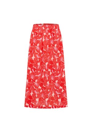 Roter und rosa gemusterter Midirock mit Blumenmuster, elastischem Bund, geradem Schnitt und tropisch inspiriertem Design.