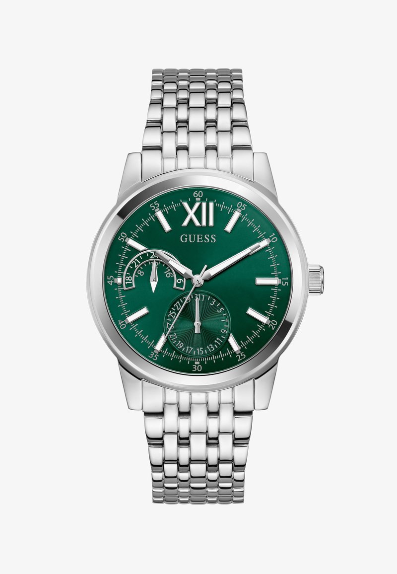 Montre-bracelet en métal argenté pour homme avec un cadran vert, index horaires argentés, chiffre romain XII, sous-cadrans pour la date et l'heure 24.